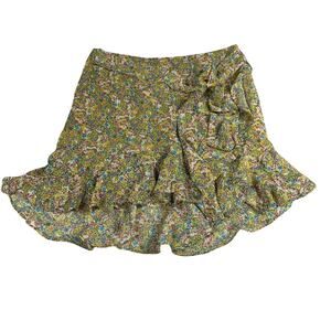 REBECCA MINKOFF Alice Mustard Yellow Pink Ruffle Floral Mini Skirt Women's M NWT